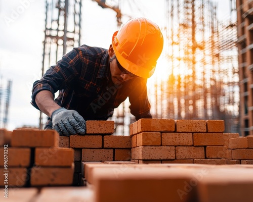 Construction worker stacking bricks at sunset photo