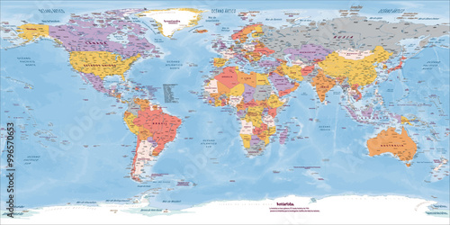 Detailed political world map Spanish language Equirectangular projection