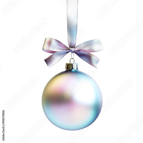 hologram Christmas ball with ribbon and a bow, isolated on background. Generative AI