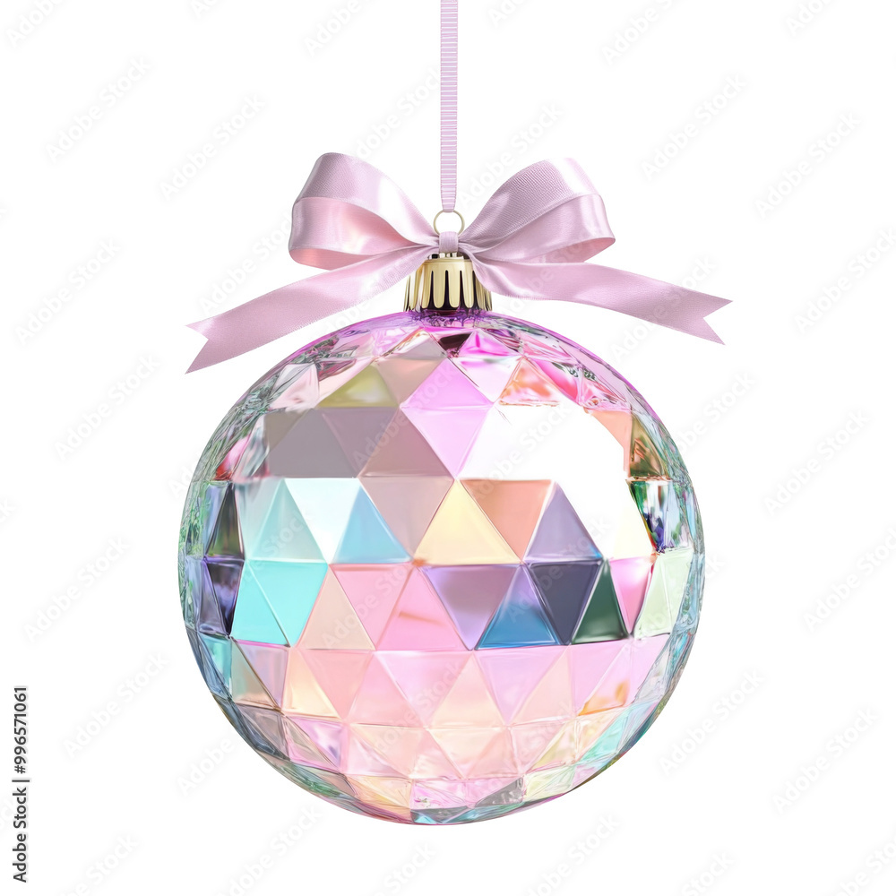 Disco Christmas ball with ribbon and a bow, isolated on background. Generative AI Disco Christmas ball with ribbon and a bow, isolated on background. Generative AI
