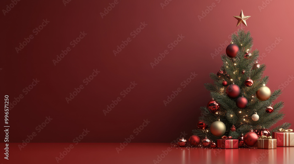 A Christmas tree with gold and red ornaments sits in front of a red wall. The tree is surrounded by several boxes, which may contain gifts for the holiday season. The scene conveys a festive A Christmas tree with gold and red ornaments sits in front of a red wall. The tree is surrounded by several boxes, which may contain gifts for the holiday season. The scene conveys a festive