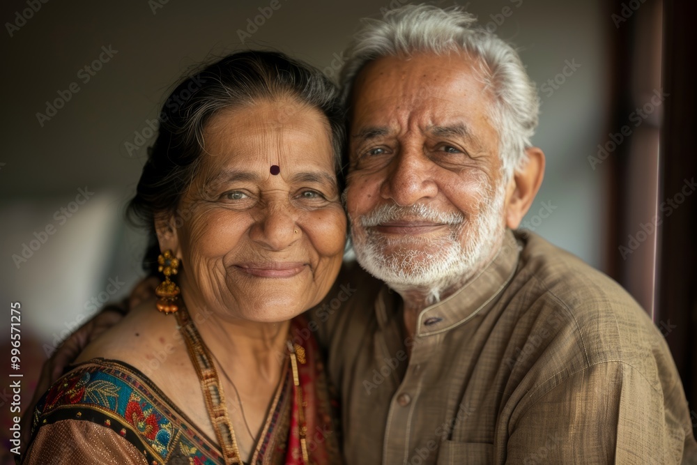 Portrait of a blissful indian couple in their 70s celebrating anniversary Portrait of a blissful indian couple in their 70s celebrating anniversary