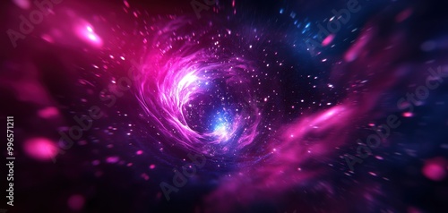 Colorful cosmic swirl with vibrant shades of pink and blue, deep space background.