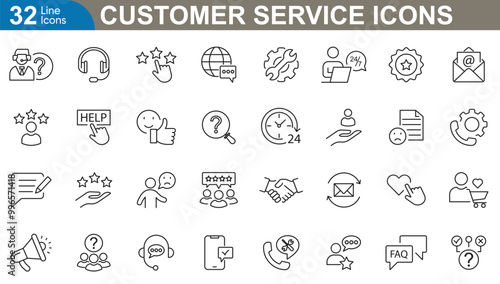 Customer service outline icons set vector illustrator. Call, email, support, help, FAQ, feedback, satisfaction, policy, service, etc.
