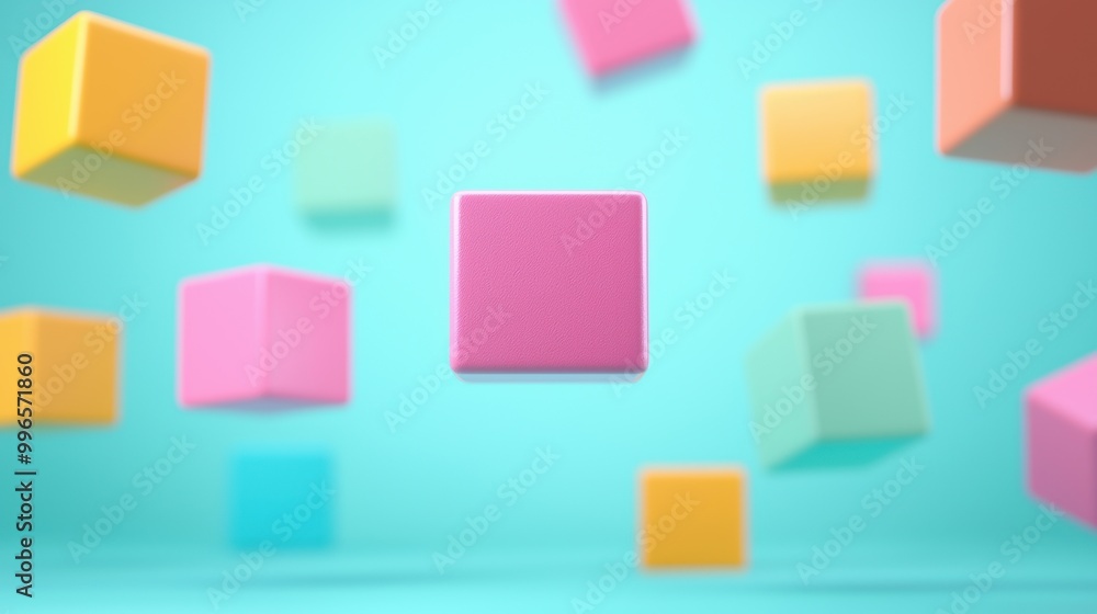 Colorful floating cubes on a soft blue background. Colorful floating cubes on a soft blue background.