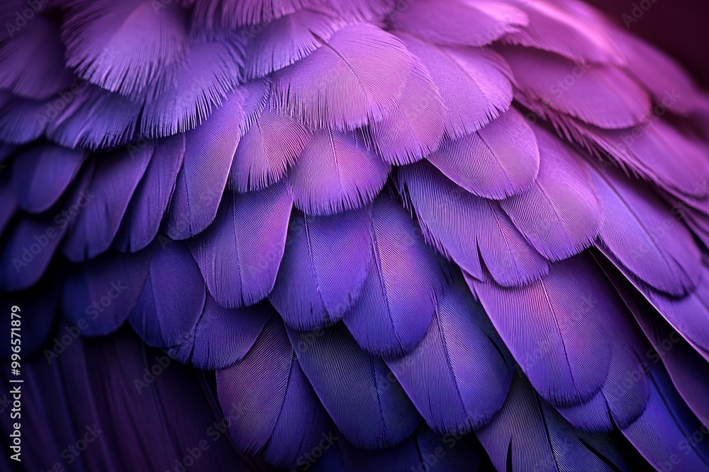 On a dreamcatcher, textured purple feathers are shown close up On a dreamcatcher, textured purple feathers are shown close up