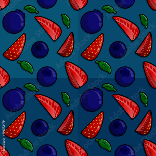 Vibrant Line Cartoon Pattern Illustration Featuring Fresh and Delicious Strawberry and Blueberry Slices for Healthy Snack Ideas