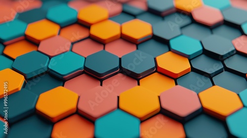 Colorful hexagonal pattern with vibrant shades of teal, orange, and dark blue.