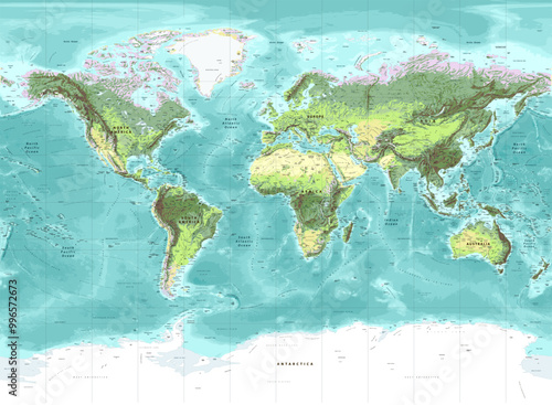Detailed physical world map Miller projection