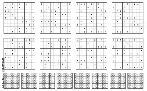 Sudoku game set with answers. Simple vector design, Blank template