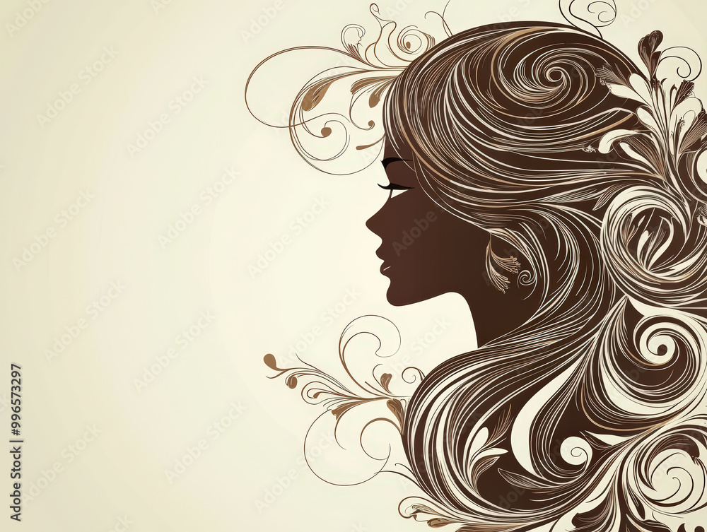 Elegant silhouette of woman with intricate flowing hair, adorned with decorative swirls and floral elements, creating harmonious and artistic composition Elegant silhouette of woman with intricate flowing hair, adorned with decorative swirls and floral elements, creating harmonious and artistic composition