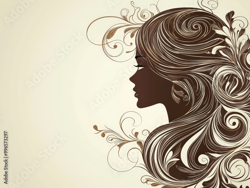 Elegant silhouette of woman with intricate flowing hair, adorned with decorative swirls and floral elements, creating harmonious and artistic composition