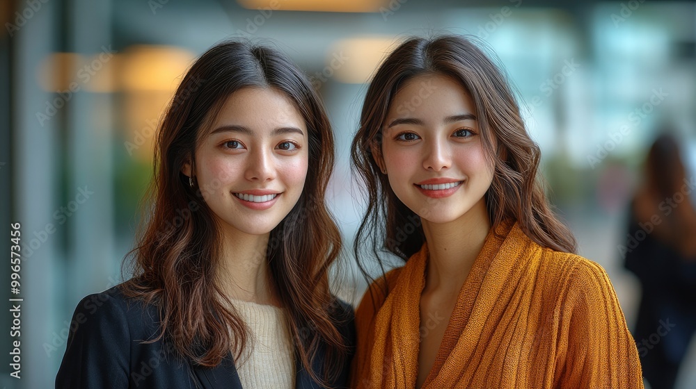 Fototapeta premium Two Asian women smiling and posing together in the city