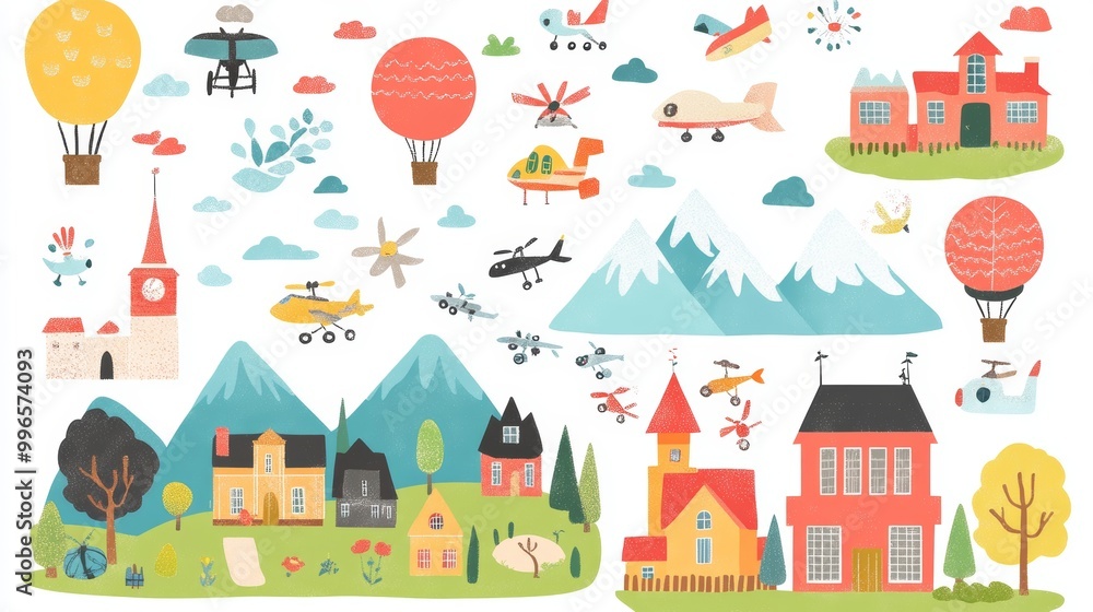 This is a nursery poster with airplanes, air balloons, and clouds. It is a modern nursery wallpaper with houses, mountains, and flying planes, a modern landscape. This is a nursery poster with airplanes, air balloons, and clouds. It is a modern nursery wallpaper with houses, mountains, and flying planes, a modern landscape.