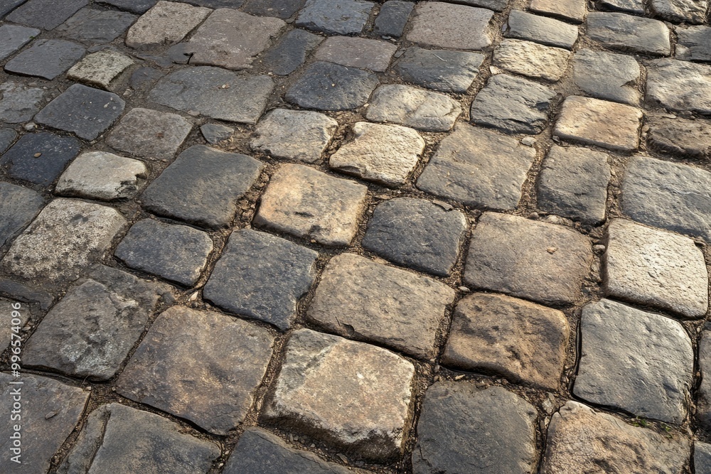 Cobblestone street texture, with uneven stones and weathered surfaces Cobblestone street texture, with uneven stones and weathered surfaces