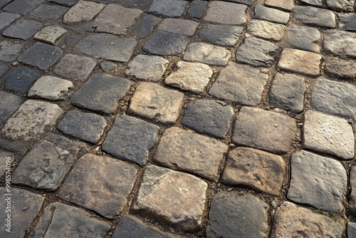 Cobblestone street texture, with uneven stones and weathered surfaces