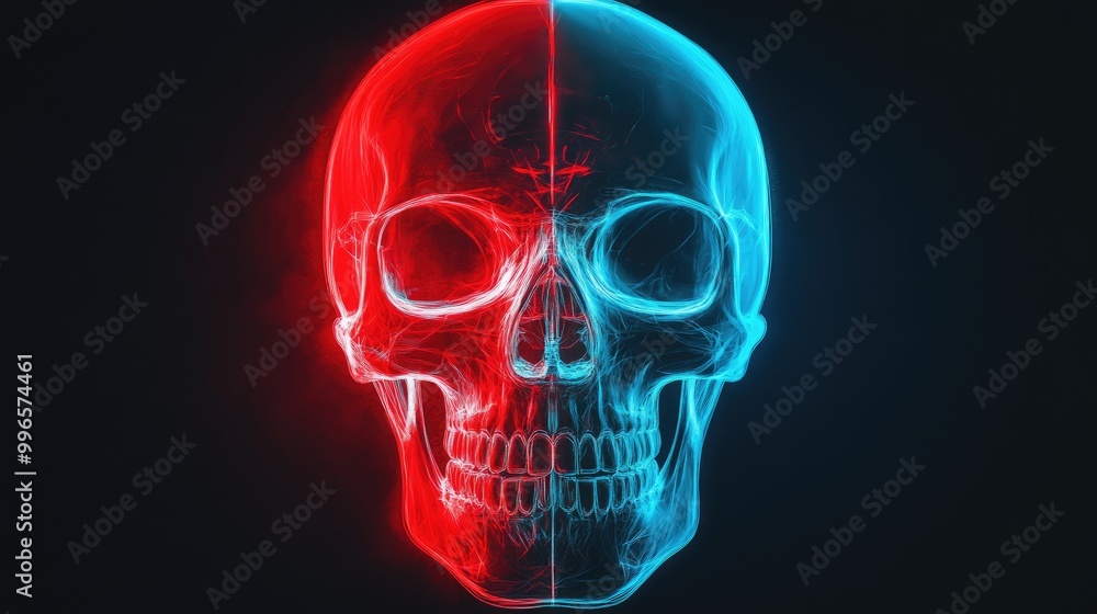 A striking skull illustration with red and blue neon lighting, creating a captivating visual effect against a dark background. A striking skull illustration with red and blue neon lighting, creating a captivating visual effect against a dark background.