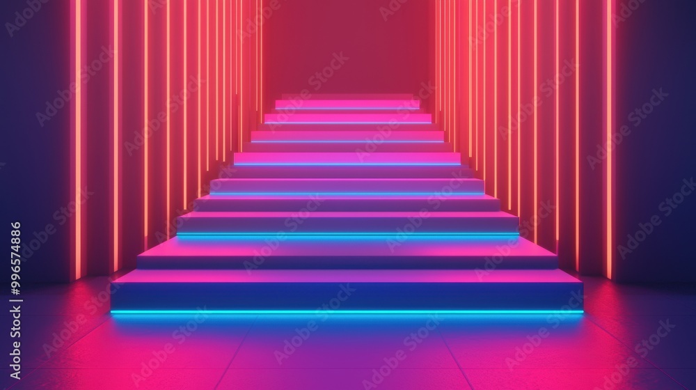 Fototapeta premium Bright, modern stairs with neon lights in a futuristic setting.