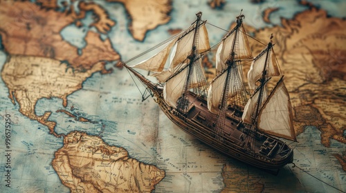 An old sailing ship model placed on a world map  