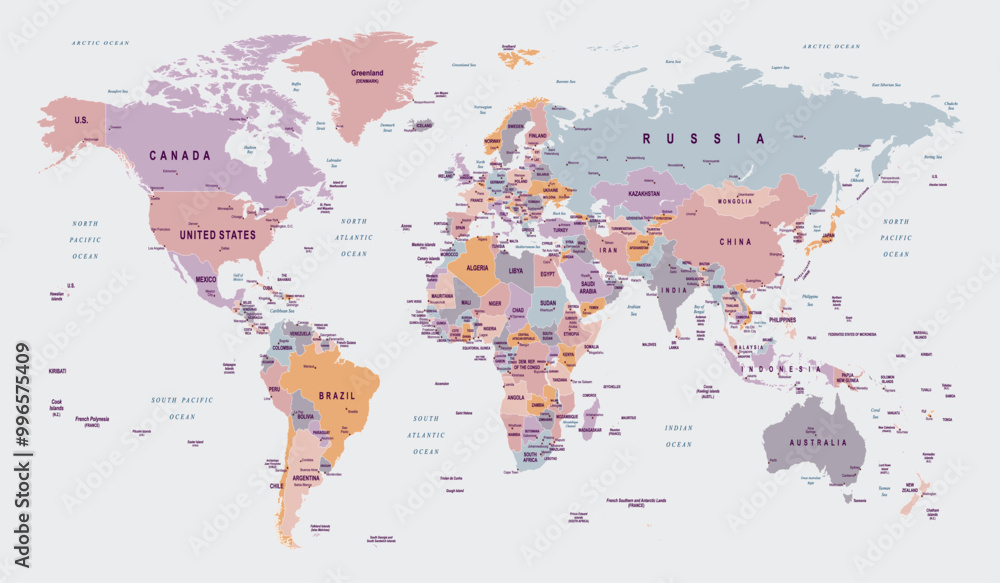 Naklejka premium Political world map Gall stereographic projection