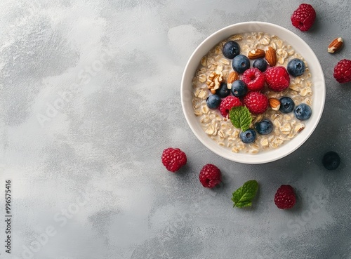 Wallpaper Mural breakfast bowl with fresh berries, milk, and nuts on a grey background. Flat design for a healthy food concept. Oatmeal with fresh berries, milk, and nuts Torontodigital.ca