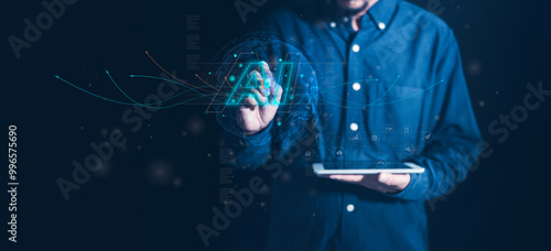 A person interacting with a digital interface, showcasing futuristic technology concepts through gestures and touch. AI symbol Blue background enhances focus.