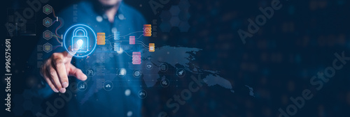 Картината върху платно A person interacts with a digital lock interface, showcasing the concept of cybersecurity and technology in modern communication