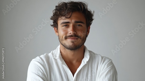 Portrait of a smiling young man with brown hair and a beard, wearing a white shirt