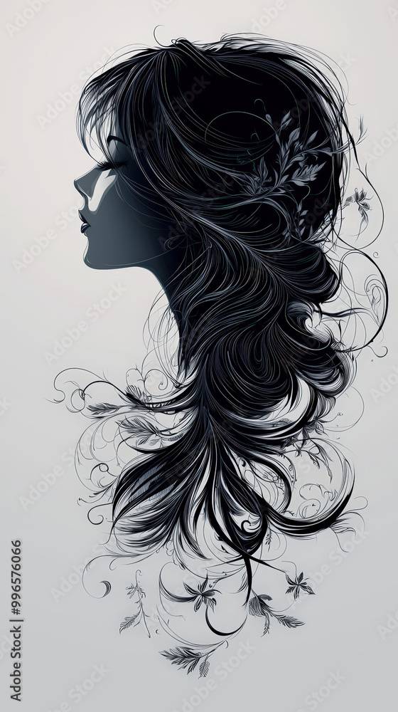 Elegant female silhouette with flowing hair, adorned with delicate floral elements, creating serene and artistic representation of beauty and grace