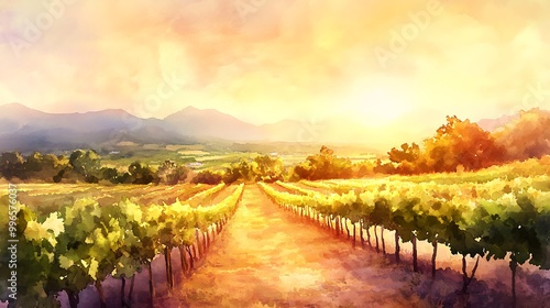 Watercolor painting of a vineyard with a mountain range in the background.