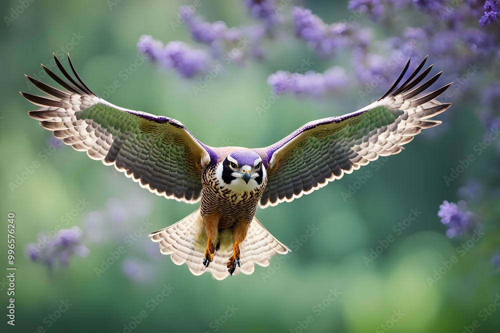 Obraz premium A regal falcon with delicate lavender flowers on its back soaring in front of a green bokeh background, Ai Generated
