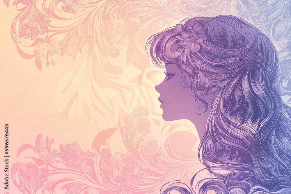 Elegant silhouette of woman with flowing hair and floral accents, set against soft pastel background. intricate design evokes sense of beauty and tranquility Elegant silhouette of woman with flowing hair and floral accents, set against soft pastel background. intricate design evokes sense of beauty and tranquility