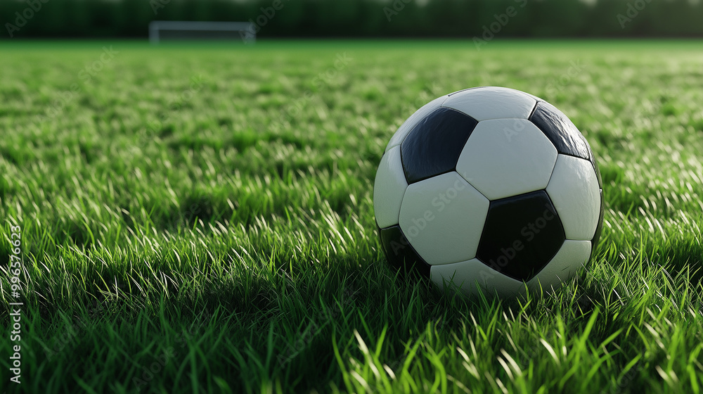 Fototapeta premium Classic black and white soccer ball resting on a lush, green gra