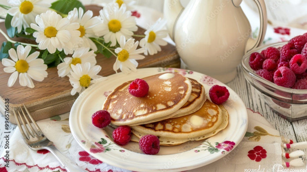 Pancakes with raspberries on a plate
Pancakes with raspberries on a plate