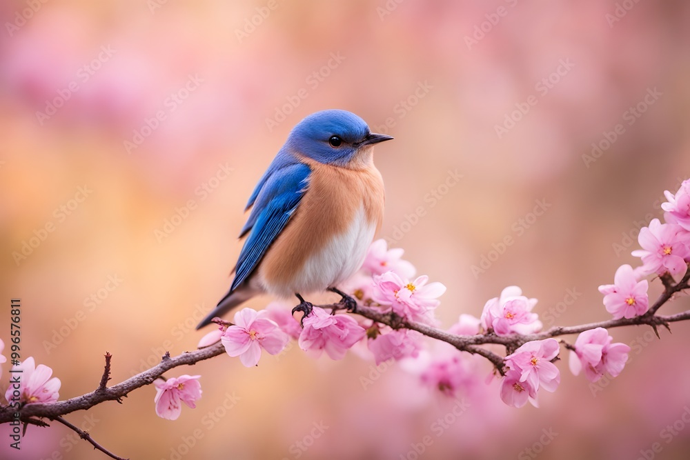 A small bluebird perched on a branch with soft pink flowers on its back and a warm golden bokeh background A small bluebird perched on a branch with soft pink flowers on its back and a warm golden bokeh background