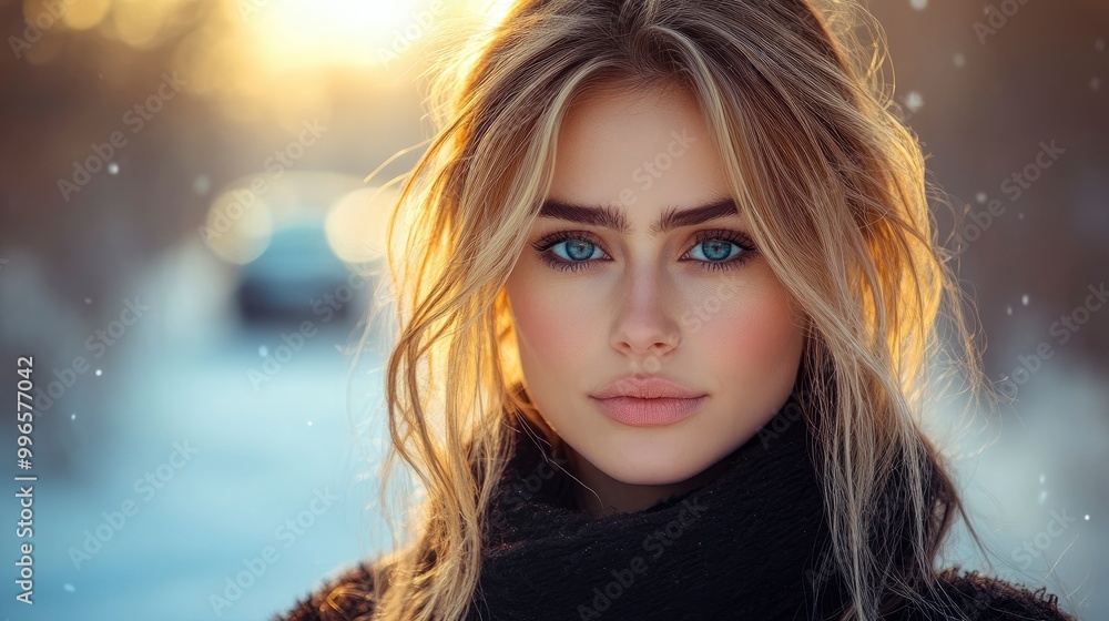 Beautiful Woman with Blue Eyes in Winter Wonderland Beautiful Woman with Blue Eyes in Winter Wonderland