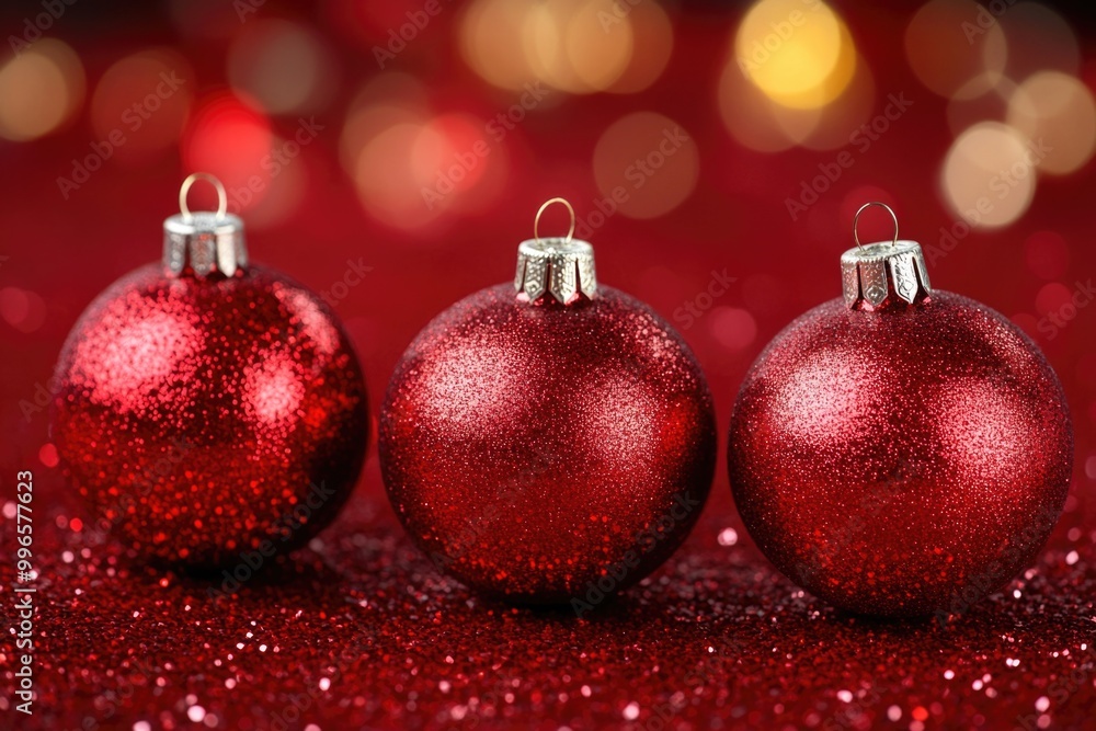 Sparkling red christmas ornaments against a warm festive background Sparkling red christmas ornaments against a warm festive background