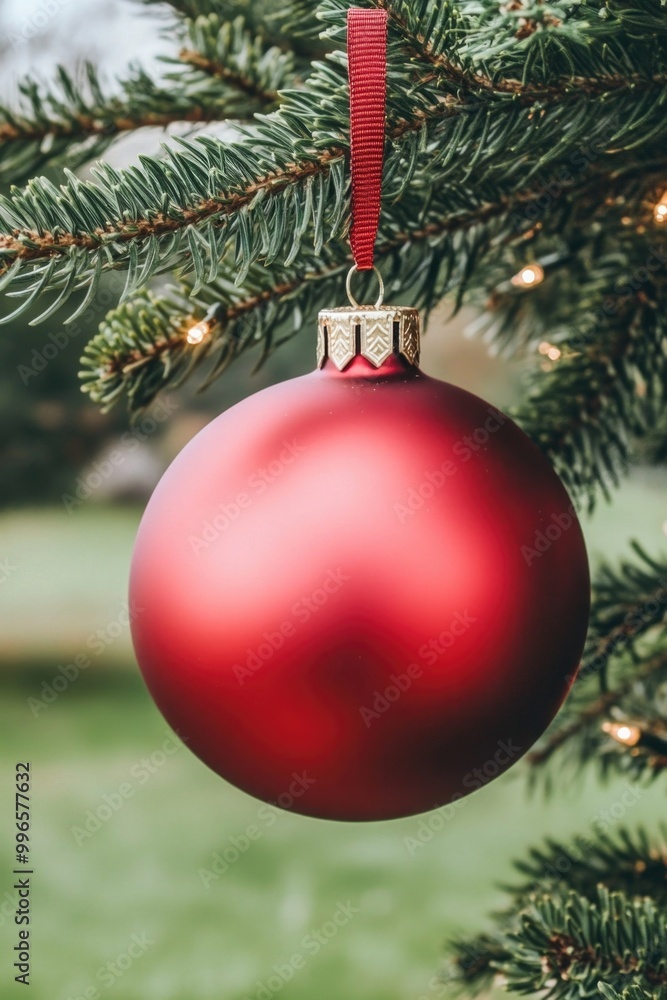 Festive red ornament on christmas tree branch with lights in background Festive red ornament on christmas tree branch with lights in background