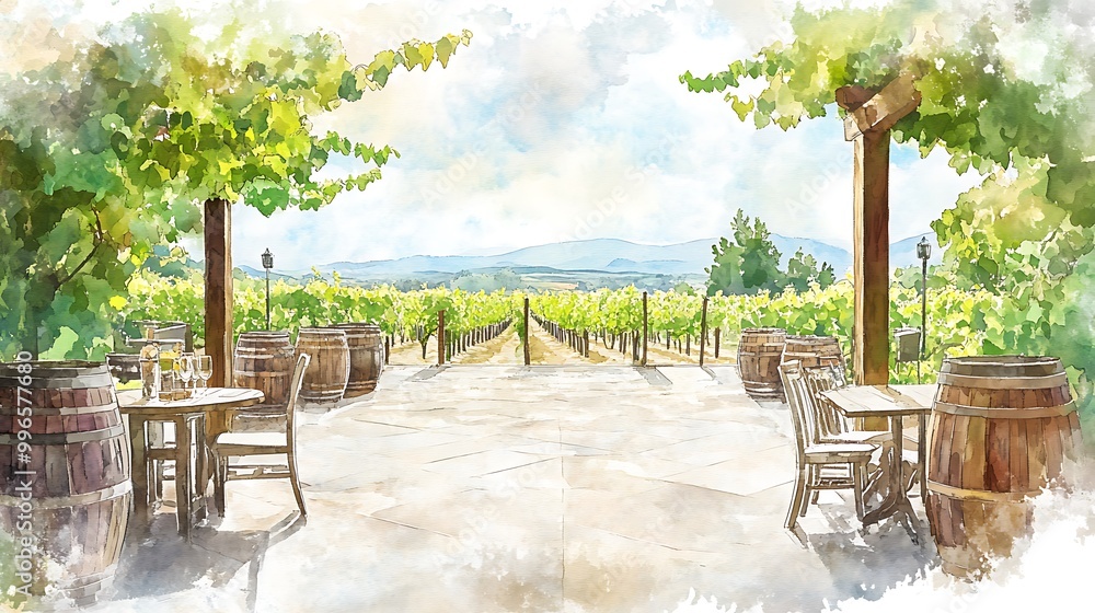 Watercolor Painting of a Winery Patio with Wine Barrels and Vineyards. Watercolor Painting of a Winery Patio with Wine Barrels and Vineyards.