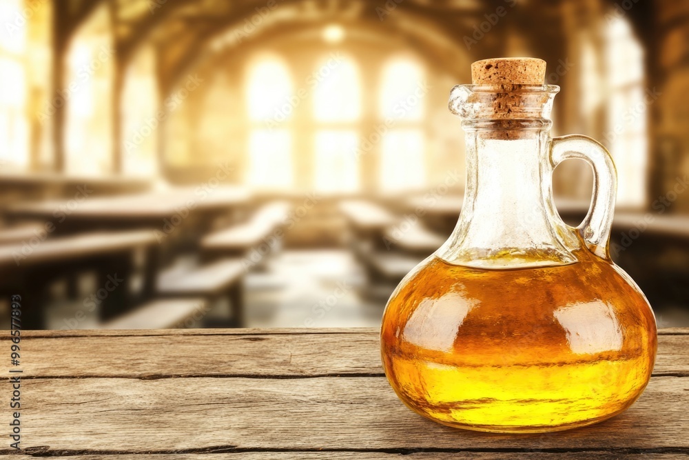 Rustic glass jug of olive oil on wooden table in sunlit room Rustic glass jug of olive oil on wooden table in sunlit room