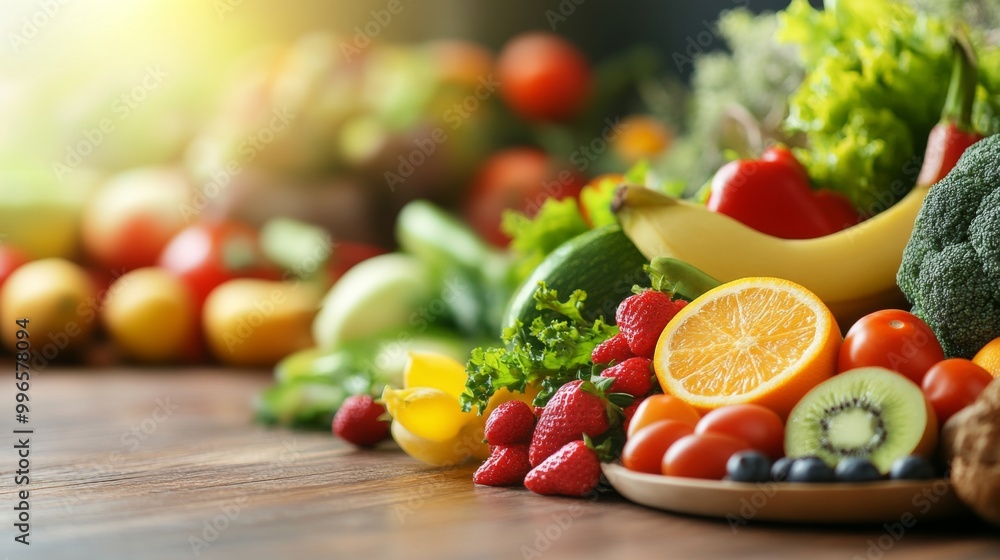 Vibrant Assortment of Fresh Fruits and Vegetables Displayed on a Rustic Wooden Table, Embodying Balanced Diet and Natural Gut Nutrition for Holistic Wellness. Vibrant Assortment of Fresh Fruits and Vegetables Displayed on a Rustic Wooden Table, Embodying Balanced Diet and Natural Gut Nutrition for Holistic Wellness.