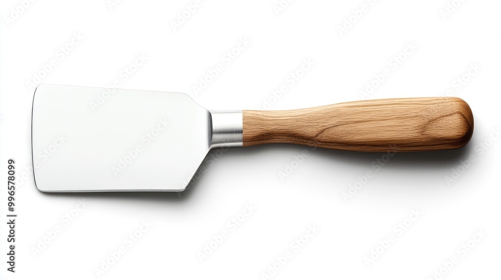 A stylish kitchen spatula with a wooden handle and a polished metal head, perfect for cooking and serving food. A stylish kitchen spatula with a wooden handle and a polished metal head, perfect for cooking and serving food.