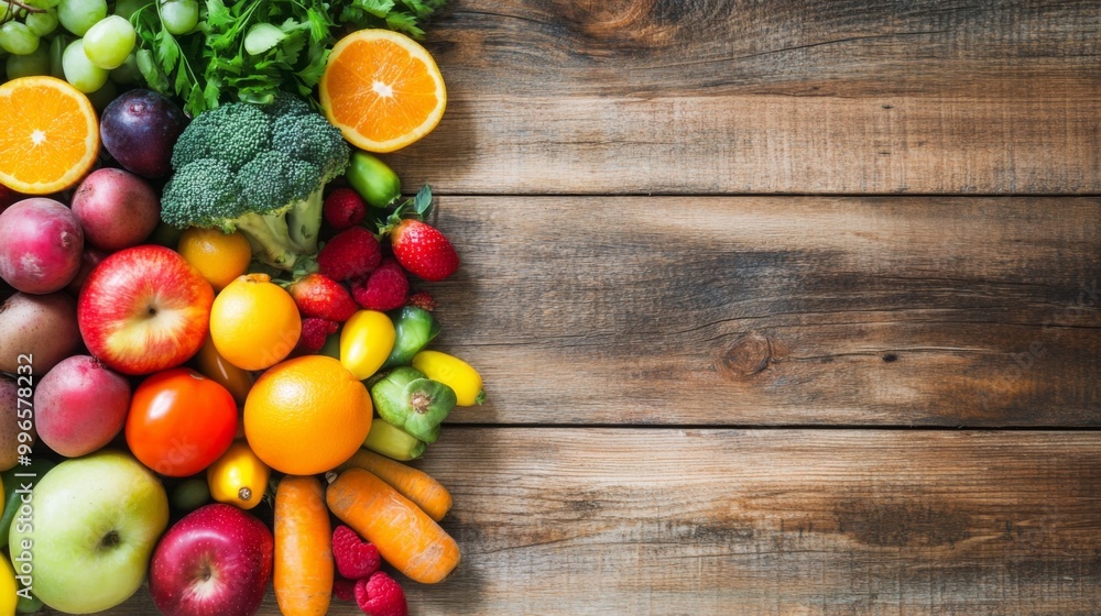 Vibrant Assortment of Fresh Fruits and Vegetables Displayed on a Rustic Wooden Table, Embodying Balanced Diet and Natural Gut Nutrition for Holistic Wellness. Vibrant Assortment of Fresh Fruits and Vegetables Displayed on a Rustic Wooden Table, Embodying Balanced Diet and Natural Gut Nutrition for Holistic Wellness.