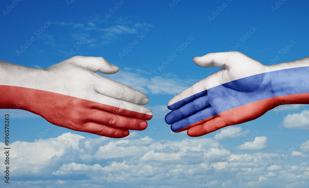 Russian Federation and Poland country handshaking with flags, consensus concept international co-operation illustration Russian Federation and Poland country handshaking with flags, consensus concept international co-operation illustration