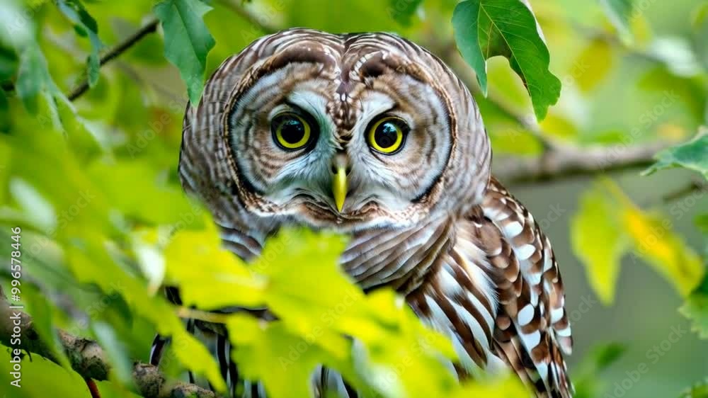The owl turns its head and looks while sitting on the tree The owl turns its head and looks while sitting on the tree