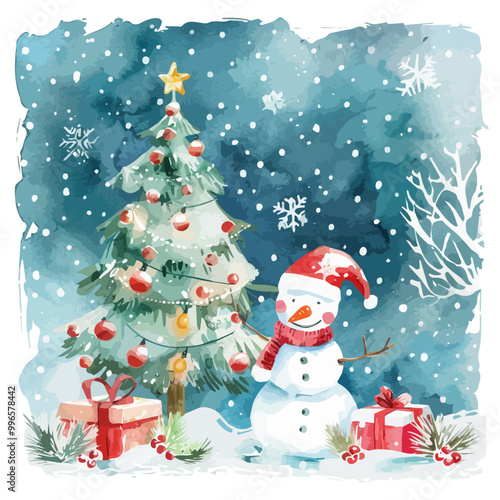 Watercolor Merry Christmas illustration with snowman, watercolor cute snowman vintage design, Christmas tree in winter 