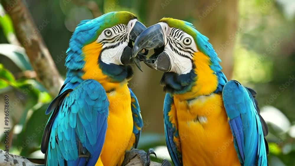 a pair of blue and yellow macaws preening each other with their beaks. a pair of blue and yellow macaws preening each other with their beaks.