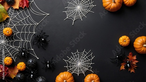 Halloween themed flatlay with pumpkins, spiders, and cobwebs on black background, seasonal decor, Banner with copy space photo