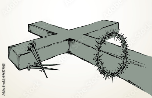 Wooden cross and iron nails. Vector drawing