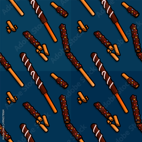 Line cartoon pattern illustration of cookie sticks cut and smeared with rich dark chocolate glaze for indulgent snacking